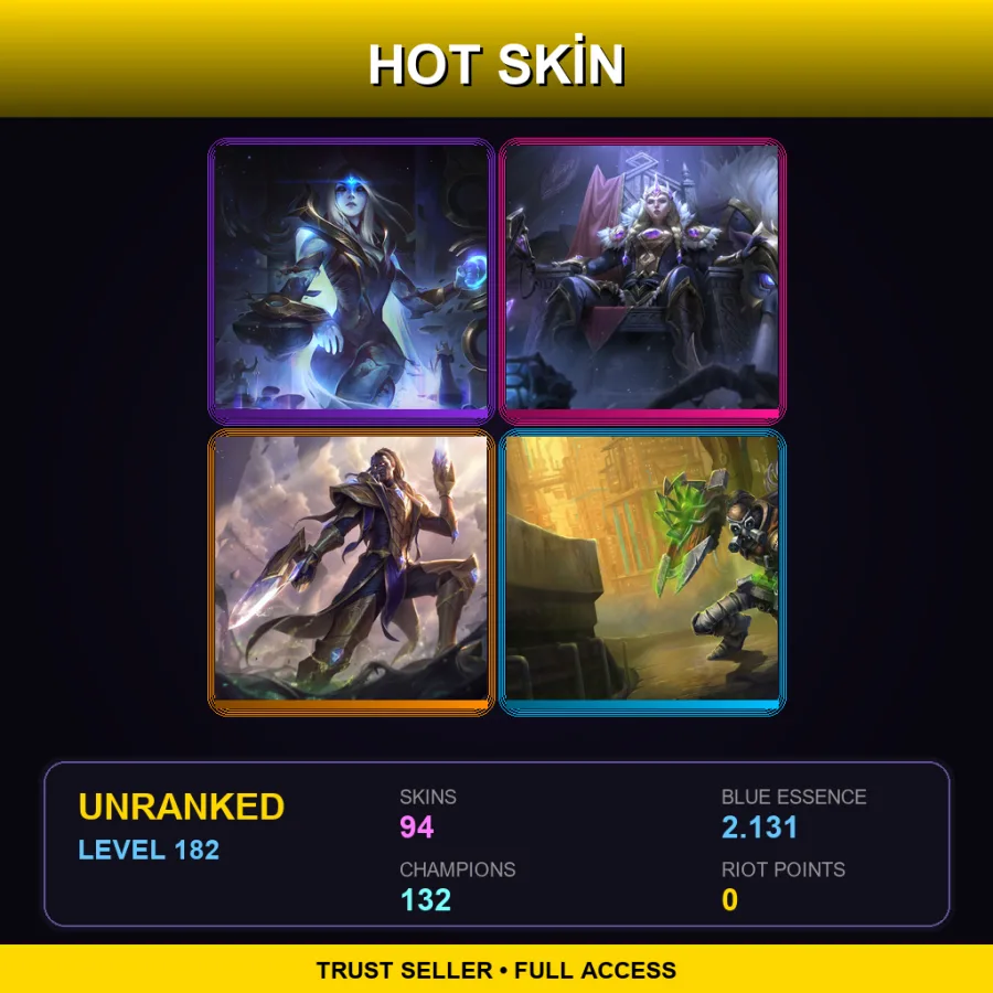 VN | Lv182 | Unranked | 94 Skin | 132 Champ — LoL account