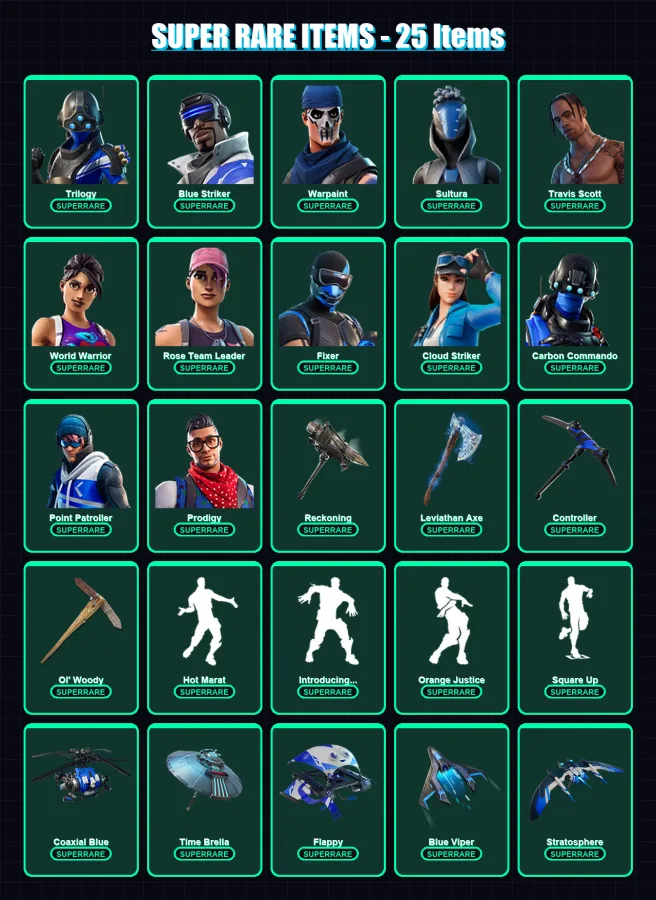 [PS4/PS5/XBOX/PC] | Trilogy | Blue Striker | Warpaint | Sultura | Travis Scott | 189 skin | 179 pickaxe | 180 emote | 160 glider | Lv2739