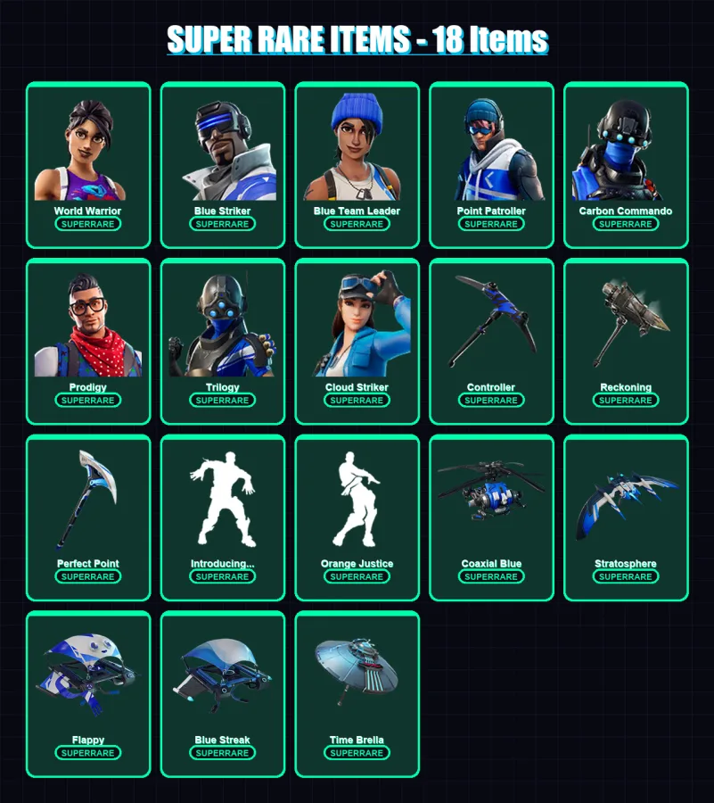 [PC] | World Warrior | Blue Striker | Blue Team Leader | Point Patroller | Carbon Commando | 108 skin | 107 pickaxe | 91 emote | 113 glider | Lv1774