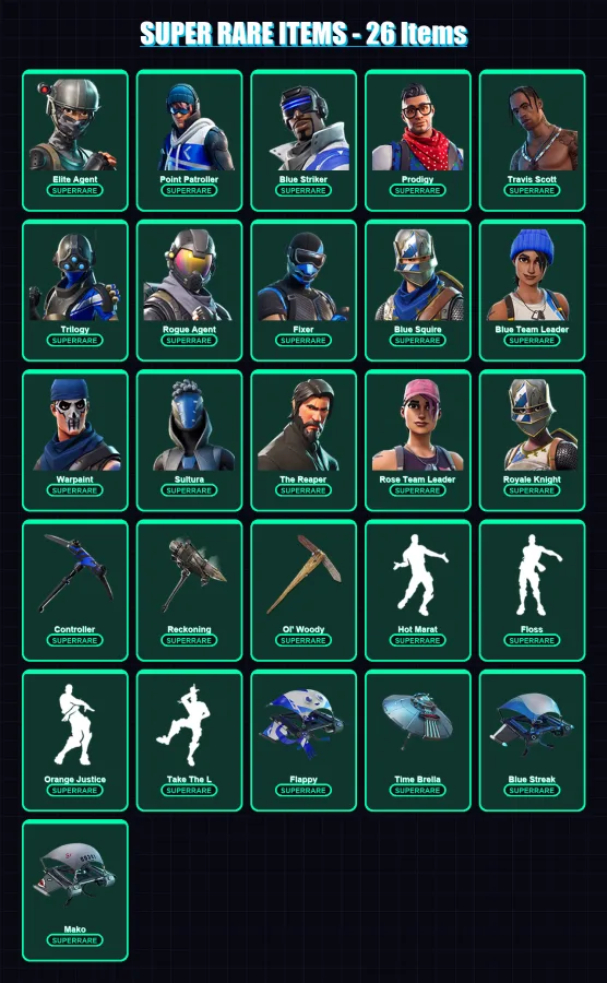[PS4/PS5/XBOX/PC] | Elite Agent | Point Patroller | Blue Striker | Prodigy | Travis Scott | 147 skin | 119 pickaxe | 105 emote | 111 glider | Lv1592