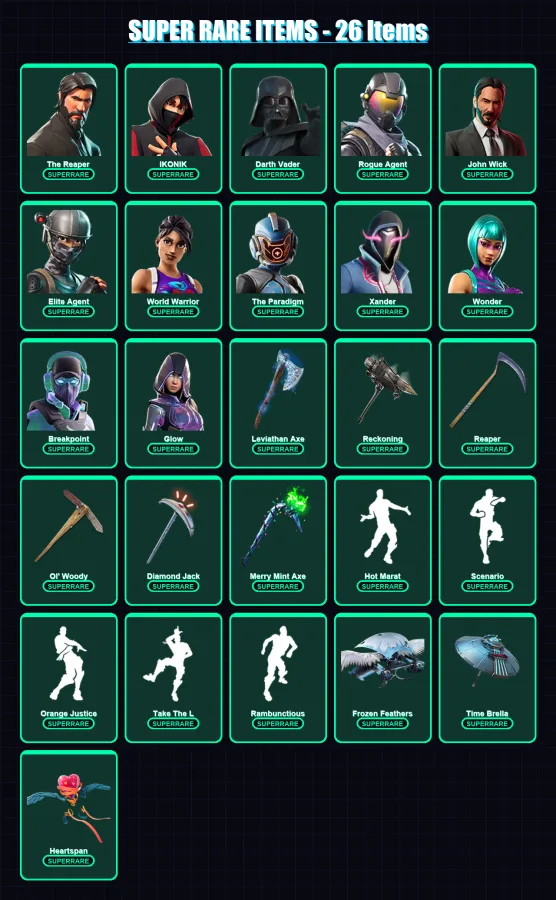 [PC/PSN] | The Reaper | IKONIK | Darth Vader | Rogue Agent | John Wick | 649 skin | 583 pickaxe | 480 emote | 372 glider | Lv5027