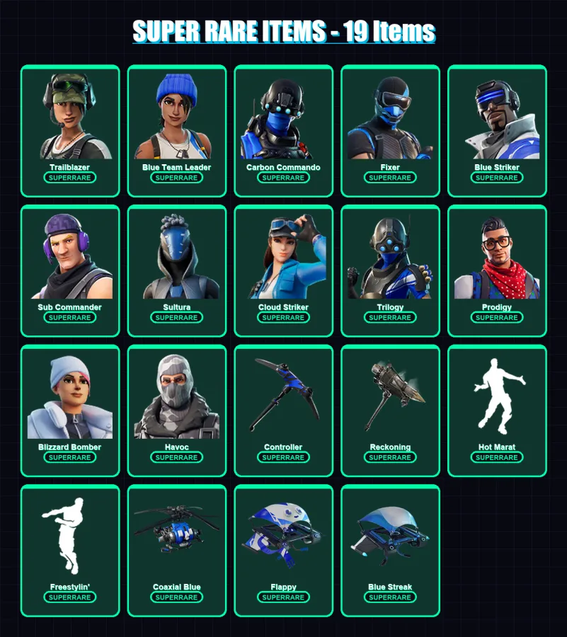 [PS4/PS5/XBOX/PC] | Trailblazer | Blue Team Leader | Carbon Commando | Fixer | Blue Striker | 87 skin | 84 pickaxe | 64 emote | 76 glider | Lv815