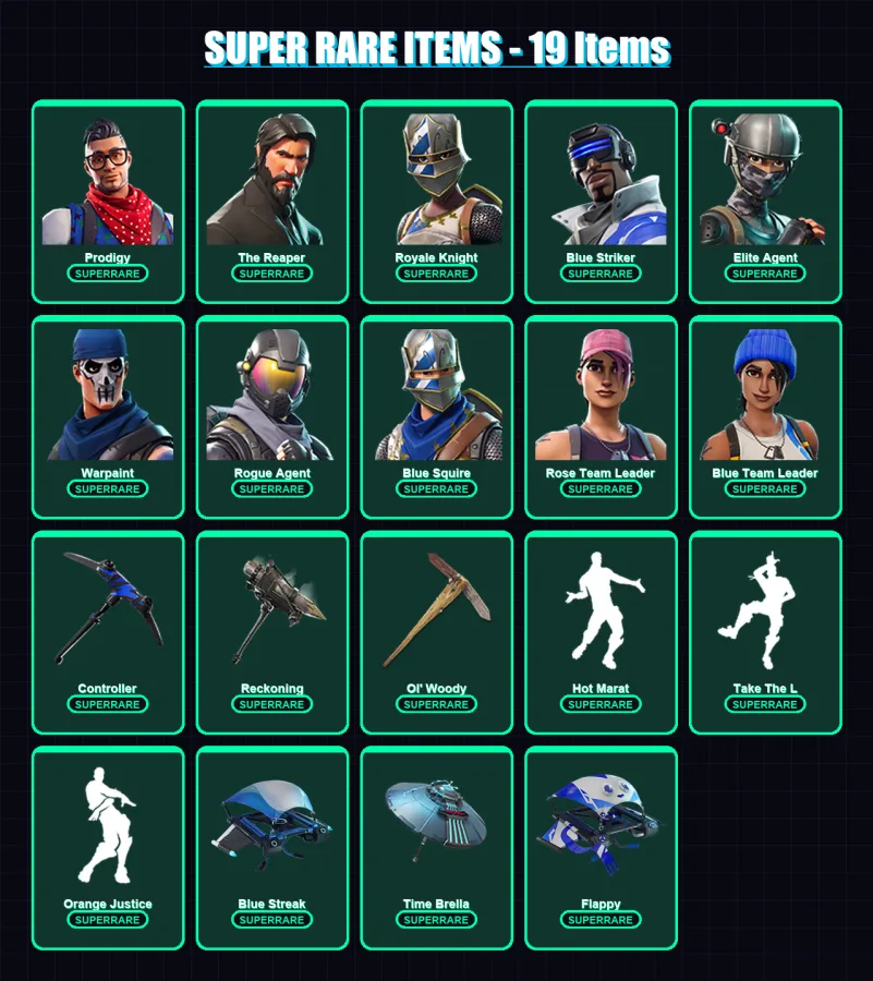 [PS4/PS5/XBOX/PC] | Prodigy | The Reaper | Royale Knight | Blue Striker | Elite Agent | 62 skin | 71 pickaxe | 87 emote | 74 glider | Lv1216