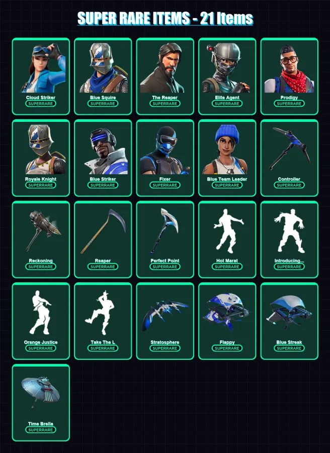 [PC/XBOX/PSN] | Cloud Striker | Blue Squire | The Reaper | Elite Agent | Prodigy | 128 skin | 112 pickaxe | 147 emote | 107 glider | Lv1796