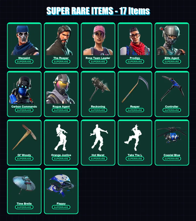 [PC/XBOX] | Warpaint | The Reaper | Rose Team Leader | Prodigy | Elite Agent | 87 skin | 106 pickaxe | 101 emote | 94 glider | Lv1422