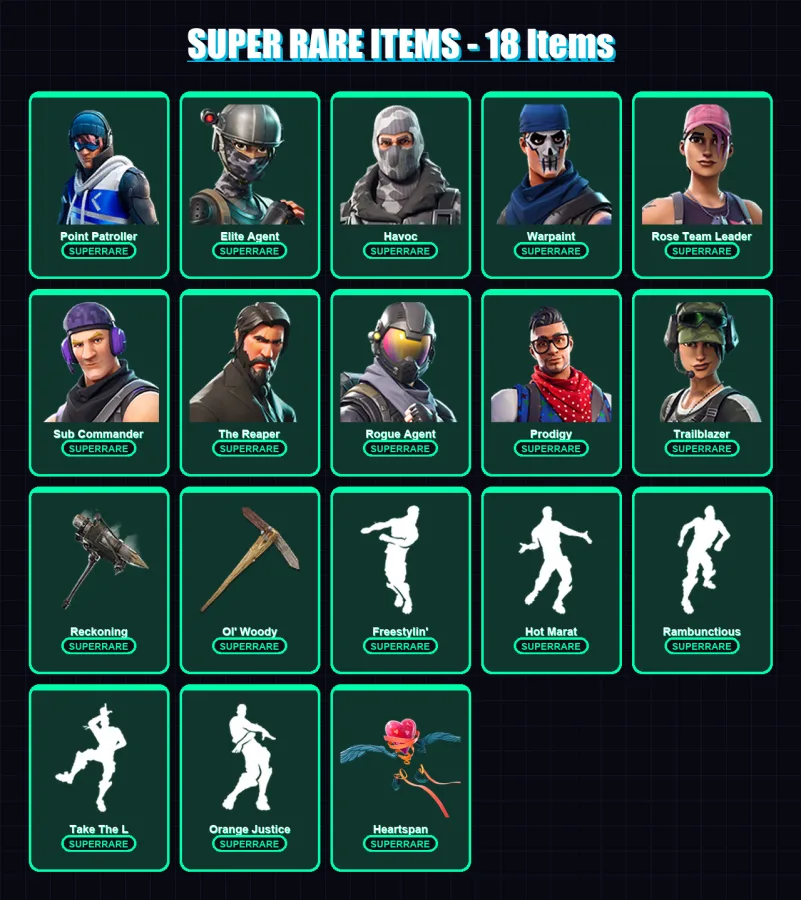 [PS4/PS5/PC] | Point Patroller | Elite Agent | Havoc | Warpaint | Rose Team Leader | 97 skin | 79 pickaxe | 73 emote | 71 glider | Lv712