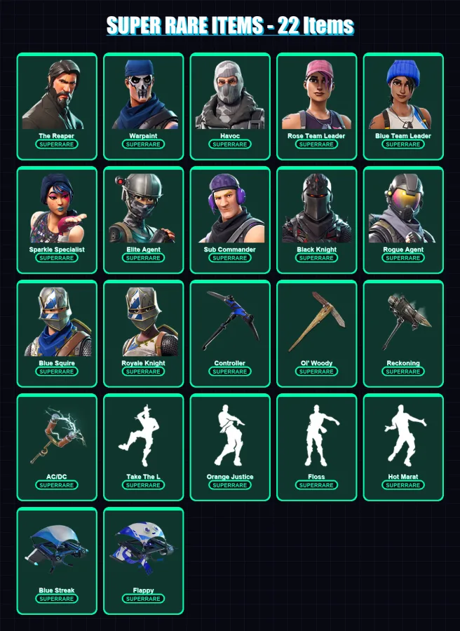 [PS4/PS5/XBOX/PC] | The Reaper | Warpaint | Havoc | Rose Team Leader | Blue Team Leader | 65 skin | 36 pickaxe | 51 emote | 43 glider | Lv541