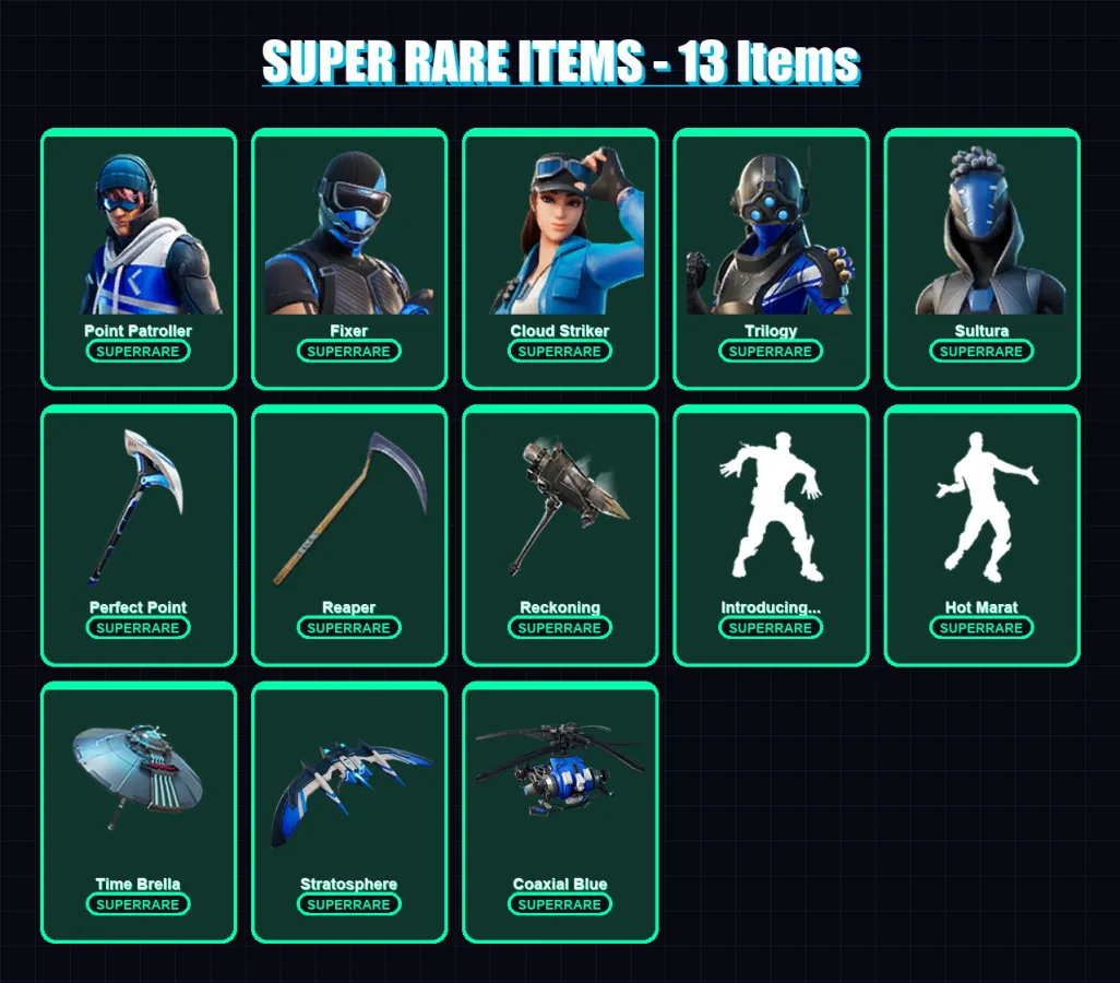 [PS4/PS5/XBOX/PC] | Point Patroller | Fixer | Cloud Striker | Trilogy | Sultura | 162 skin | 179 pickaxe | 175 emote | 161 glider | Lv2390 — Fortnite account