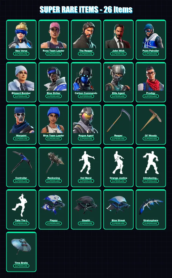 [PS4/PS5/PC] | Neo Versa | Rose Team Leader | The Reaper | John Wick | Point Patroller | 192 skin | 127 pickaxe | 155 emote | 109 glider | Lv1305 — Fortnite account