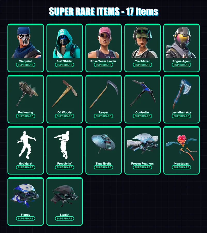 [PC/XBOX] | Warpaint | Surf Strider | Rose Team Leader | Trailblazer | Rogue Agent | 246 skin | 256 pickaxe | 187 emote | 206 glider | Lv3896