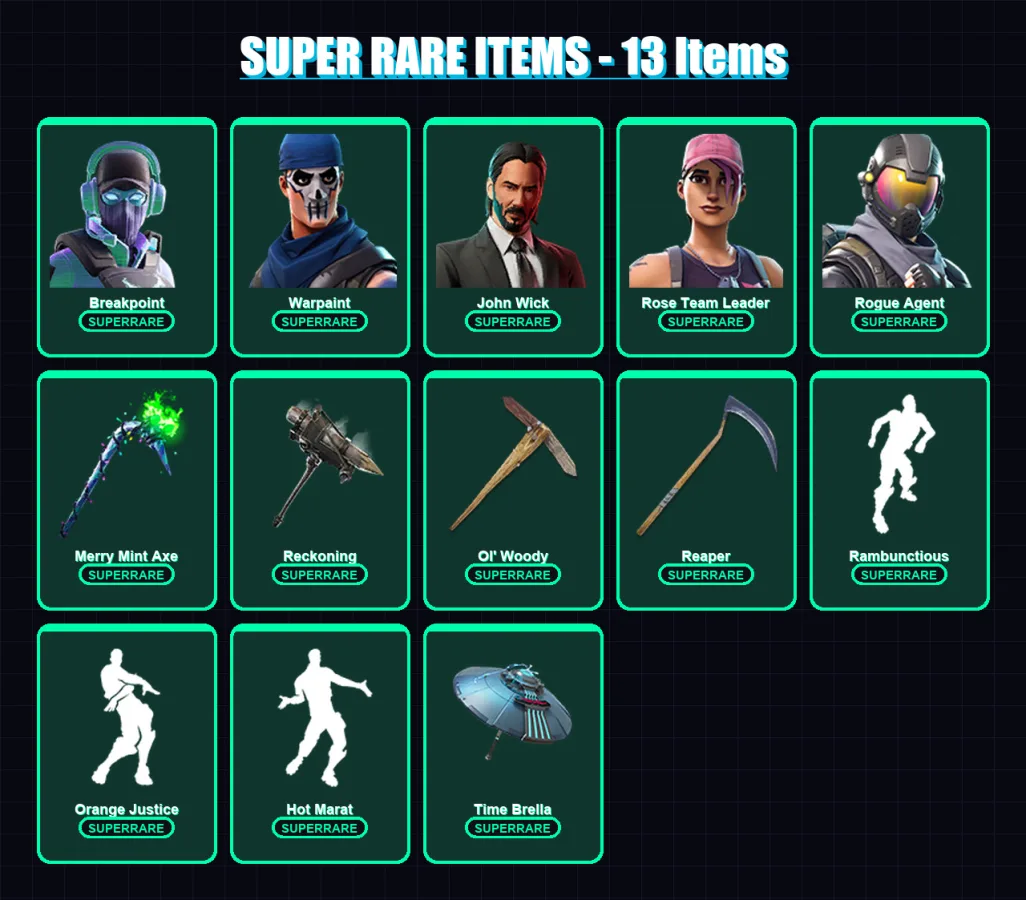 [PC/PSN] | Breakpoint | Warpaint | John Wick | Rose Team Leader | Rogue Agent | 190 skin | 138 pickaxe | 149 emote | 123 glider | Lv1402