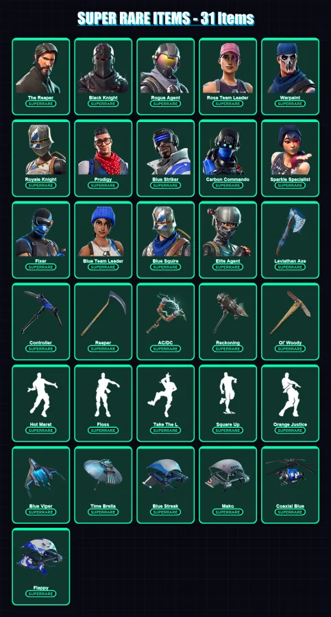 [PC/XBOX] | The Reaper | Black Knight | Rogue Agent | Rose Team Leader | Warpaint | 174 skin | 168 pickaxe | 168 emote | 154 glider | Lv2735