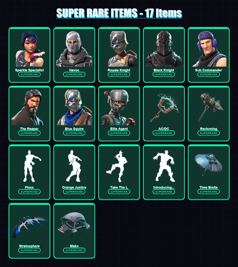 [PC] | Sparkle Specialist | Havoc | Royale Knight | Black Knight | Sub Commander | 59 skin | 52 pickaxe | 64 emote | 68 glider | Lv737