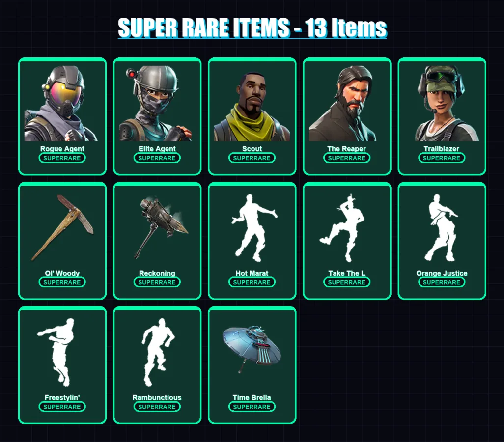 [PC] | Rogue Agent | Elite Agent | Scout | The Reaper | Trailblazer | 107 skin | 74 pickaxe | 75 emote | 67 glider | Lv876