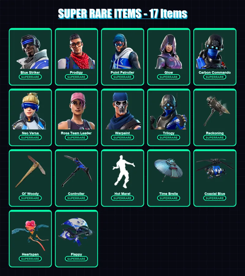 [PC/XBOX] | Blue Striker | Prodigy | Point Patroller | Glow | Carbon Commando | 117 skin | 106 pickaxe | 158 emote | 98 glider | Lv1283