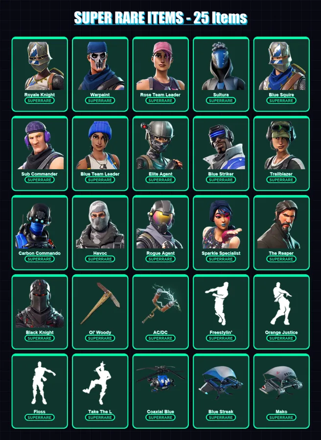 [PS4/PS5/XBOX/PC] | Royale Knight | Warpaint | Rose Team Leader | Sultura | Blue Squire | 57 skin | 60 pickaxe | 61 emote | 52 glider | Lv555