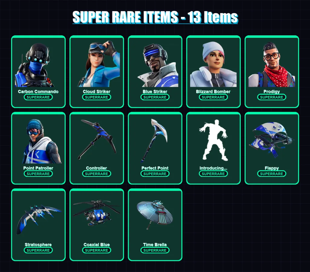 [PS4/PS5/XBOX/PC] | Carbon Commando | Cloud Striker | Blue Striker | Blizzard Bomber | Prodigy | 51 skin | 52 pickaxe | 43 emote | 55 glider | Lv659