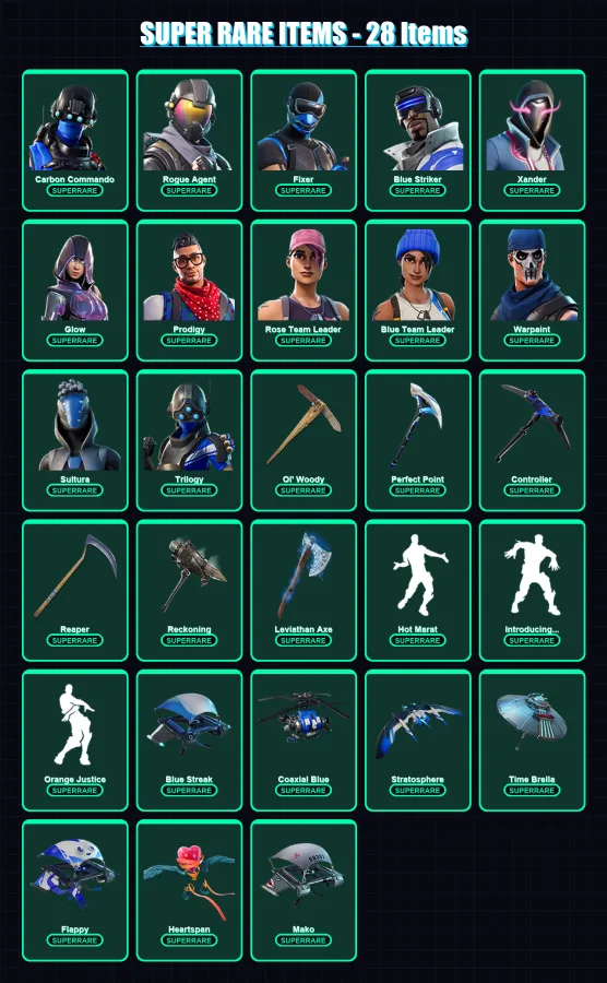 [PC/XBOX] | Carbon Commando | Rogue Agent | Fixer | Blue Striker | Xander | 179 skin | 159 pickaxe | 129 emote | 142 glider | Lv2308