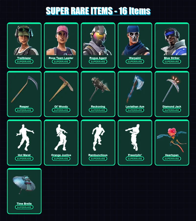 [PC] | Trailblazer | Rose Team Leader | Rogue Agent | Warpaint | Blue Striker | 166 skin | 183 pickaxe | 218 emote | 180 glider | Lv4127