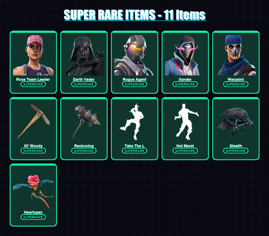 [PC/XBOX/PSN] | Rose Team Leader | Darth Vader | Rogue Agent | Xander | Warpaint | 127 skin | 165 pickaxe | 129 emote | 126 glider | Lv1811