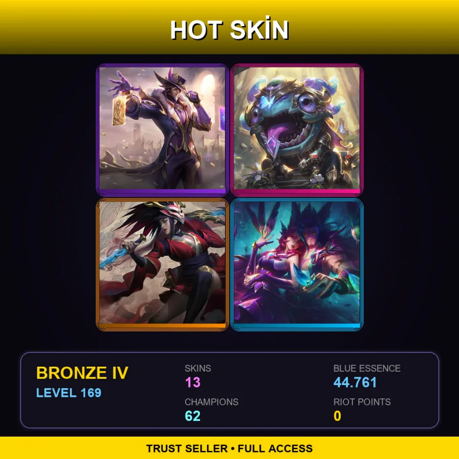 LAN | Victorious Twisted Fate | Victorious Kog'Maw | Blood Moon Akali | Star Guardian Xayah | 13 Skin | 62 Champ | Bronze IV | Lv169