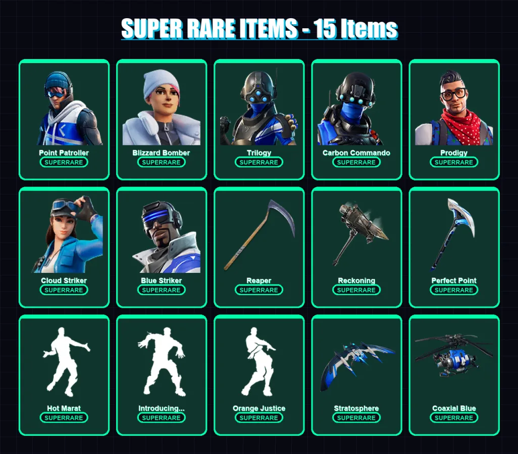 [PC/XBOX] | Point Patroller | Blizzard Bomber | Trilogy | Carbon Commando | Prodigy | 112 skin | 138 pickaxe | 119 emote | 118 glider | Lv1701