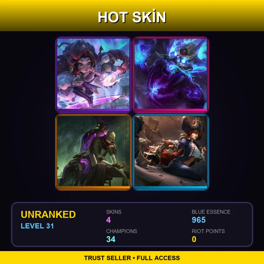 EUW | Lv31 | Unranked | 4 Skin | 34 Champ — LoL account