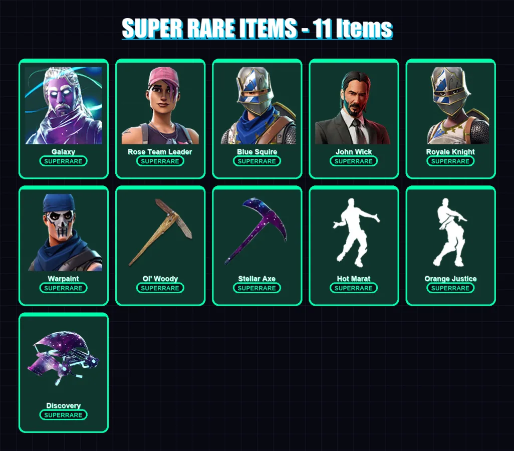 [PS4/PS5/XBOX/PC] | Galaxy | Rose Team Leader | Blue Squire | John Wick | Royale Knight | 137 skin | 208 pickaxe | 158 emote | 146 glider | Lv2142