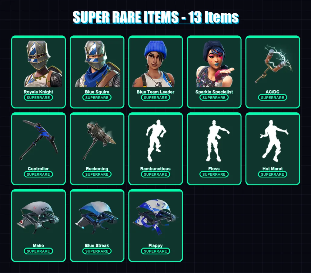 [PS4/PS5/PC] | Royale Knight | Blue Squire | Blue Team Leader | Sparkle Specialist | Drift | 41 skin | 49 pickaxe | 53 emote | 58 glider | Lv863