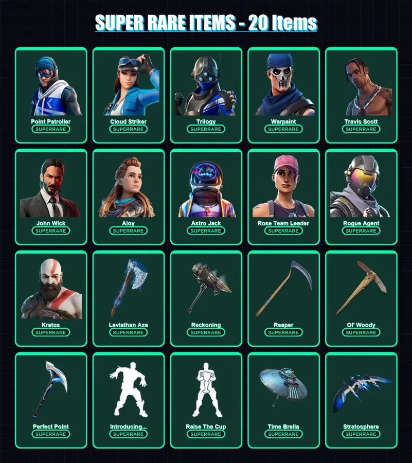 [PC/PSN] | Point Patroller | Cloud Striker | Trilogy | Warpaint | Travis Scott | 228 skin | 201 pickaxe | 178 emote | 166 glider | Lv2301