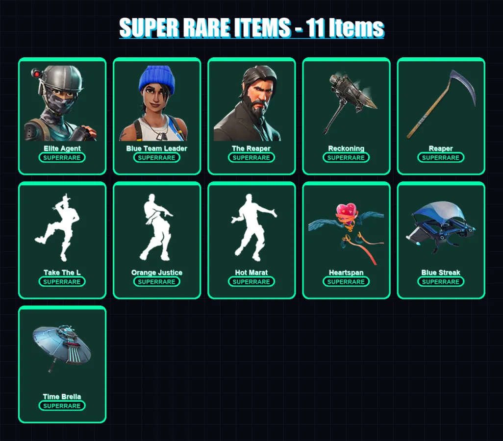 [PC/XBOX] | Elite Agent | Blue Team Leader | The Reaper | Frozen Raven | Frozen Love Ranger | 62 skin | 54 pickaxe | 68 emote | 64 glider | Lv1240