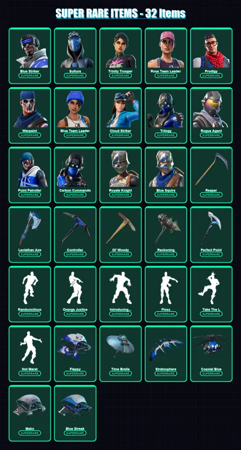 [PS4/PS5/XBOX/PC] | Blue Striker | Sultura | Trinity Trooper | Rose Team Leader | Prodigy | 235 skin | 254 pickaxe | 240 emote | 210 glider | Lv2640