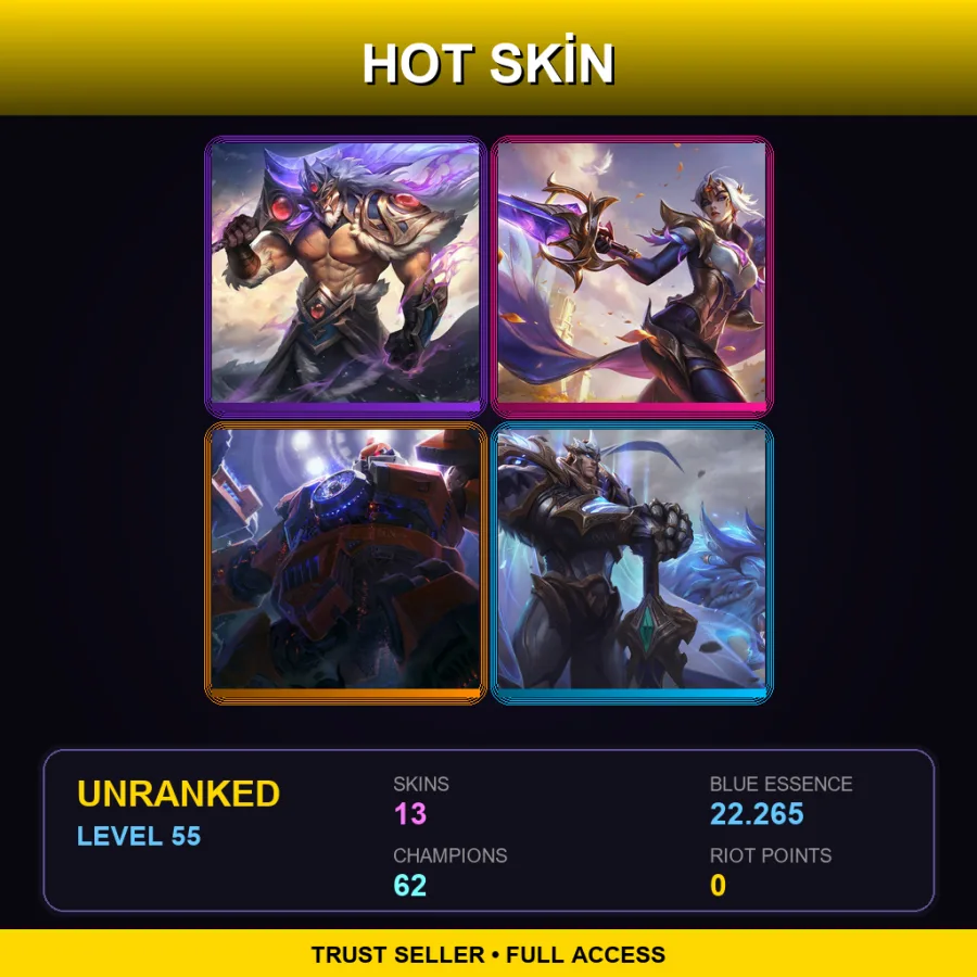 EUW | Victorious Tryndamere | Victorious Fiora | Mecha Zero Sion | God-King Garen | 13 Skin | 62 Champ | Lv55