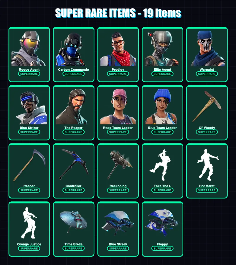 [PS4/PS5/XBOX/PC] | Rogue Agent | Carbon Commando | Prodigy | Elite Agent | Warpaint | 90 skin | 78 pickaxe | 65 emote | 80 glider | Lv1196 — Fortnite account