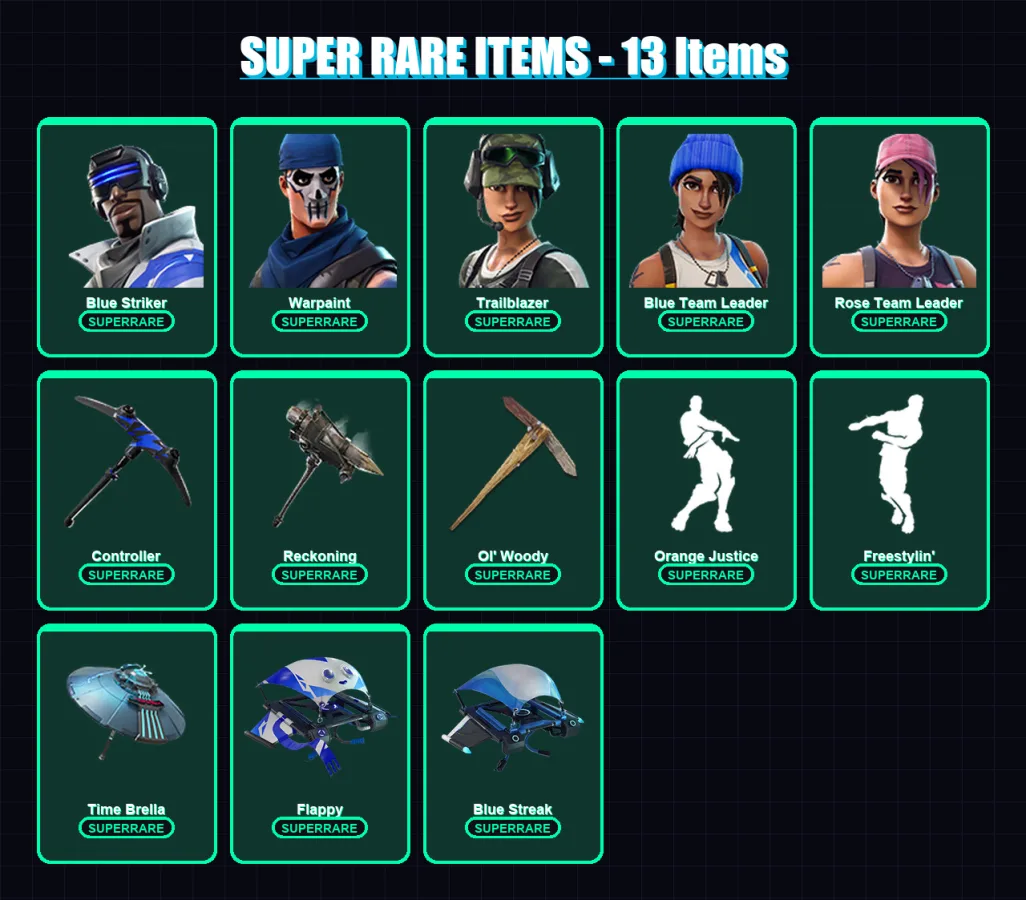 [PC/XBOX] | Blue Striker | Warpaint | Trailblazer | Blue Team Leader | Rose Team Leader | 132 skin | 165 pickaxe | 138 emote | 133 glider | Lv2266