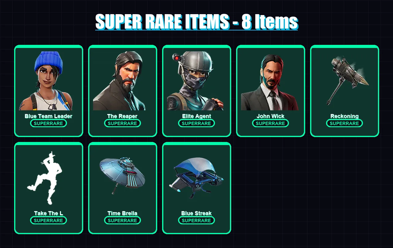 [PC/XBOX] | Blue Team Leader | The Reaper | Elite Agent | John Wick | Lynx | 164 skin | 198 pickaxe | 151 emote | 161 glider | Lv2351