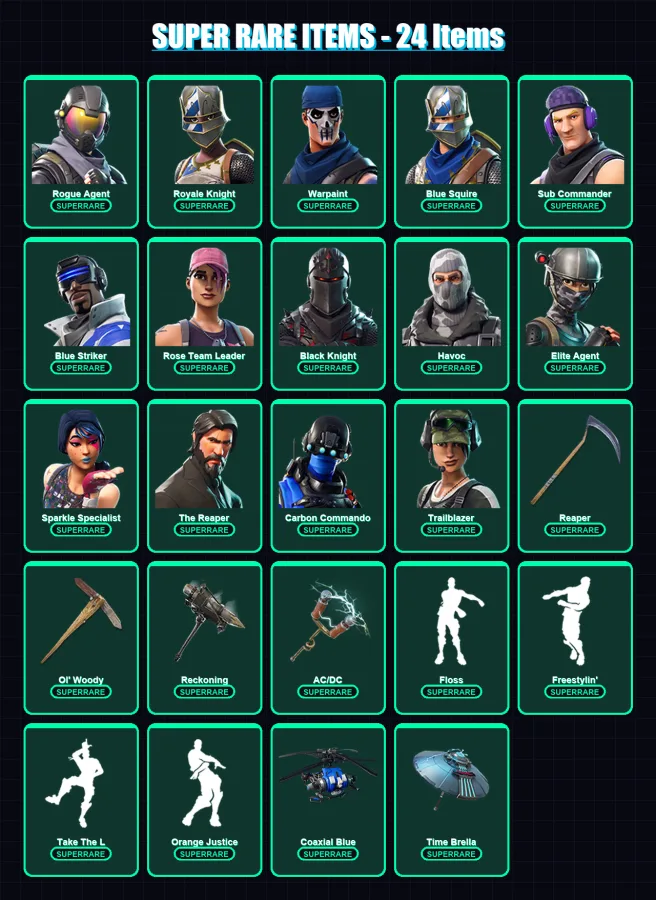 [PS4/PS5/XBOX/PC] | Rogue Agent | Royale Knight | Warpaint | Blue Squire | Sub Commander | 157 skin | 144 pickaxe | 108 emote | 111 glider | Lv1225