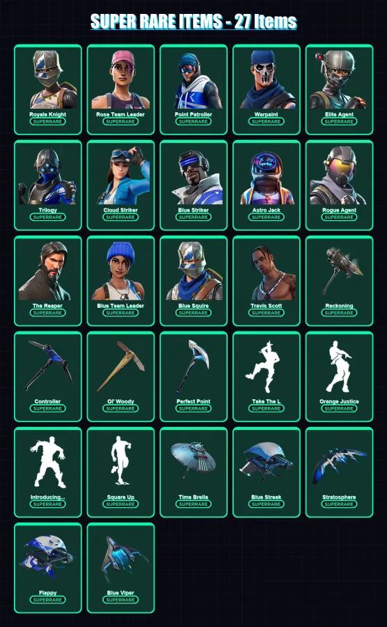 [PS4/PS5/XBOX/PC] | Royale Knight | Rose Team Leader | Point Patroller | Warpaint | Elite Agent | 71 skin | 65 pickaxe | 55 emote | 69 glider | Lv85