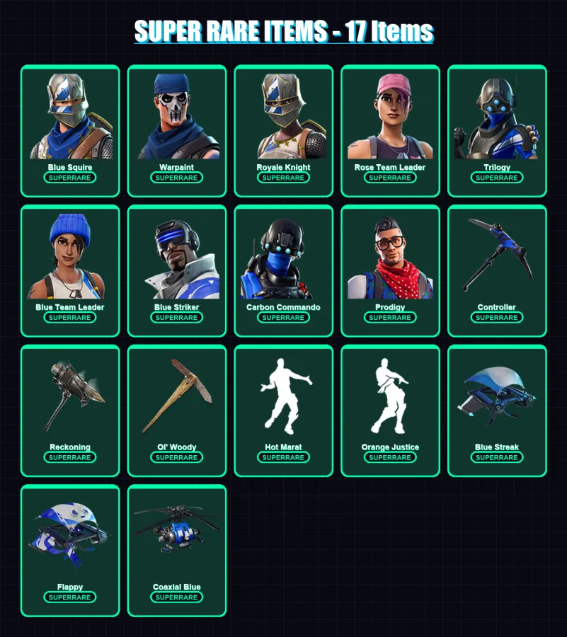 [PC/XBOX] | Blue Squire | Warpaint | Royale Knight | Rose Team Leader | Trilogy | 86 skin | 104 pickaxe | 138 emote | 84 glider | Lv1044