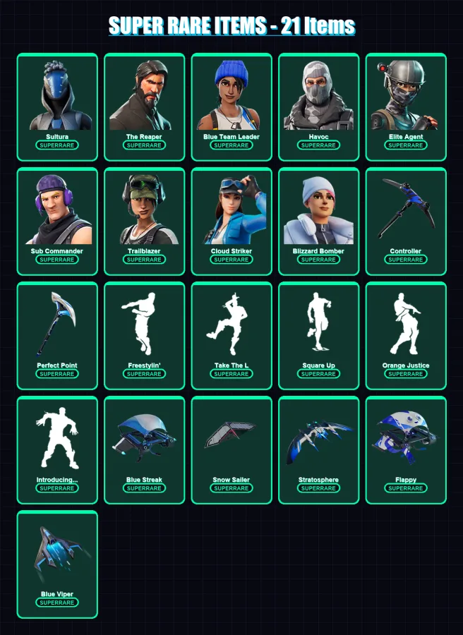 [PS4/PS5/XBOX/PC] | Sultura | The Reaper | Blue Team Leader | Havoc | Elite Agent | 71 skin | 77 pickaxe | 82 emote | 92 glider | Lv1551