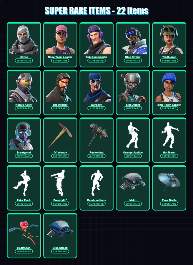 [PC/XBOX] | Havoc | Rose Team Leader | Sub Commander | Blue Striker | Trailblazer | 69 skin | 59 pickaxe | 87 emote | 66 glider | Lv834