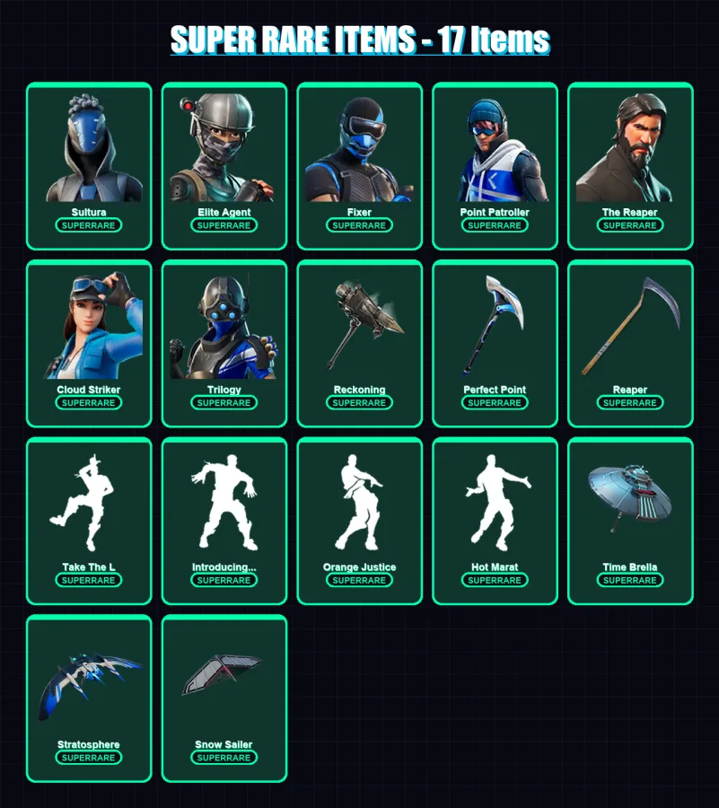 [PS4/PS5/XBOX/PC] | Sultura | Elite Agent | Fixer | Point Patroller | The Reaper | 96 skin | 87 pickaxe | 101 emote | 95 glider | Lv1333 — Fortnite account