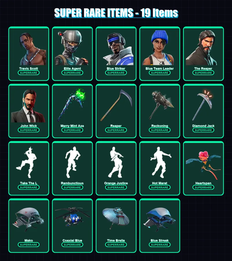 [PC/XBOX] | Travis Scott | Elite Agent | Blue Striker | Blue Team Leader | The Reaper | 139 skin | 85 pickaxe | 136 emote | 110 glider | Lv1263