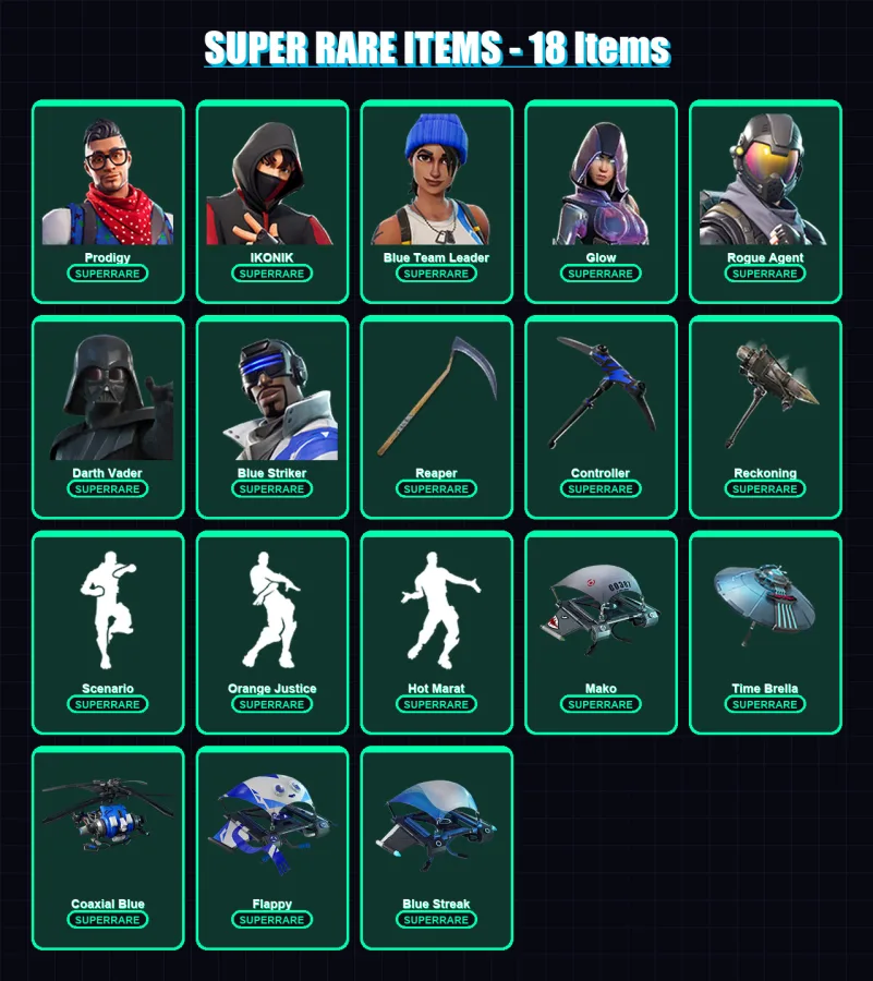 [PC/XBOX] | Prodigy | IKONIK | Blue Team Leader | Glow | Rogue Agent | 152 skin | 184 pickaxe | 159 emote | 183 glider | Lv2499