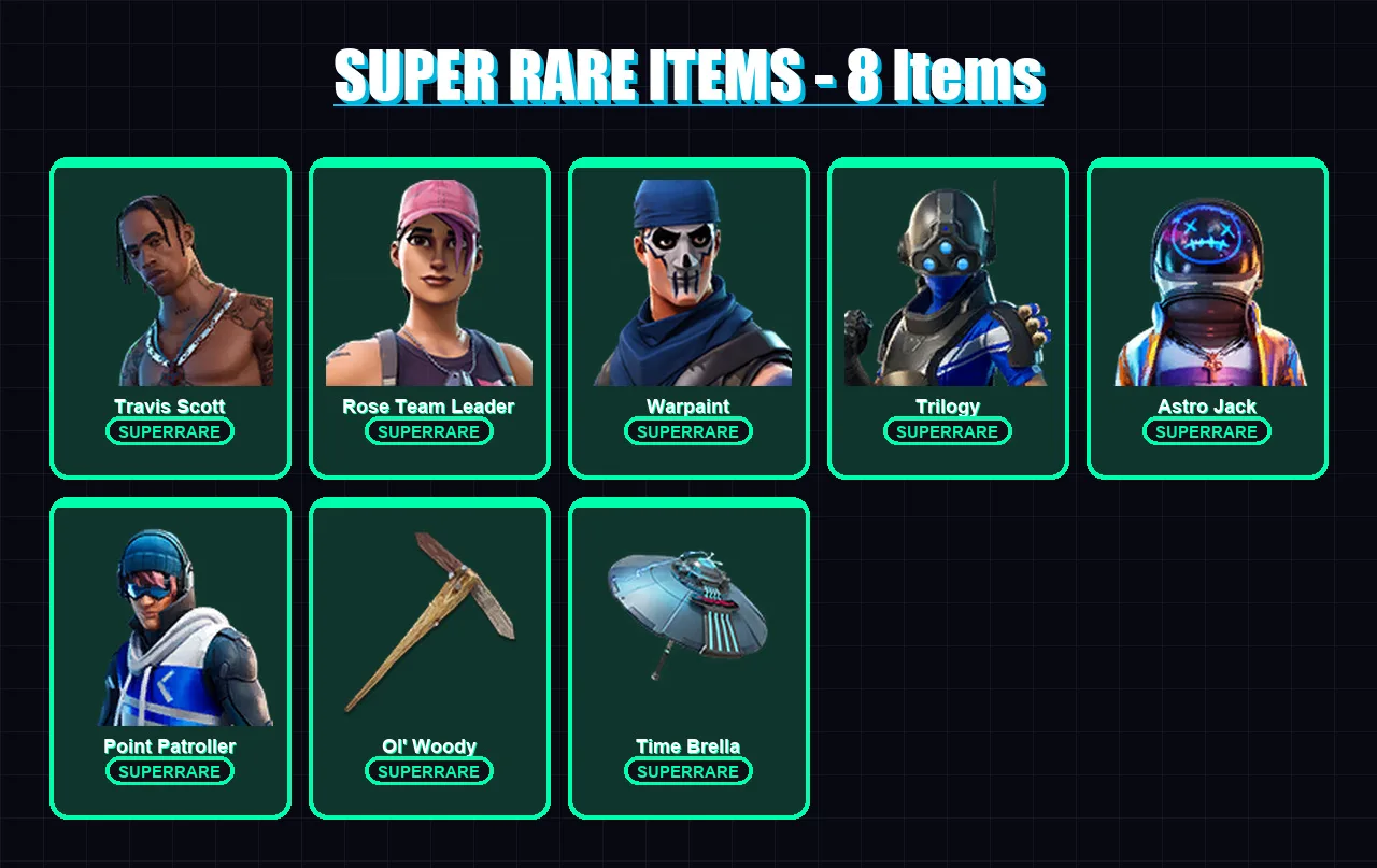 [PC/XBOX] | Travis Scott | Rose Team Leader | Warpaint | Trilogy | Astro Jack | 58 skin | 43 pickaxe | 96 emote | 32 glider | Lv391