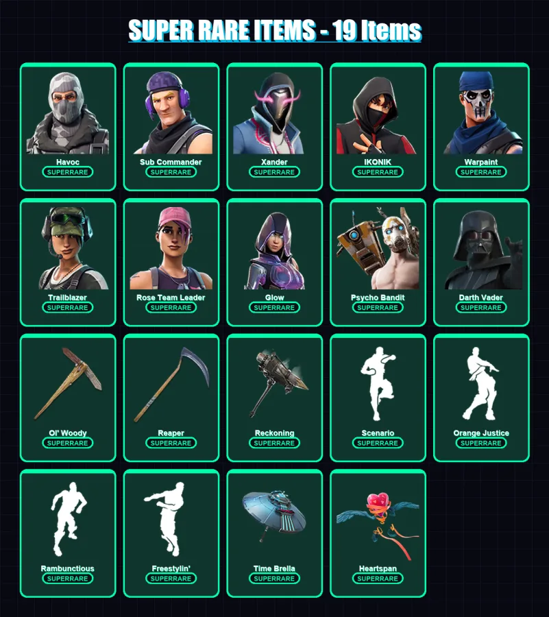 [PC] | Havoc | Sub Commander | Xander | IKONIK | Warpaint | 429 skin | 477 pickaxe | 382 emote | 282 glider | Lv4746