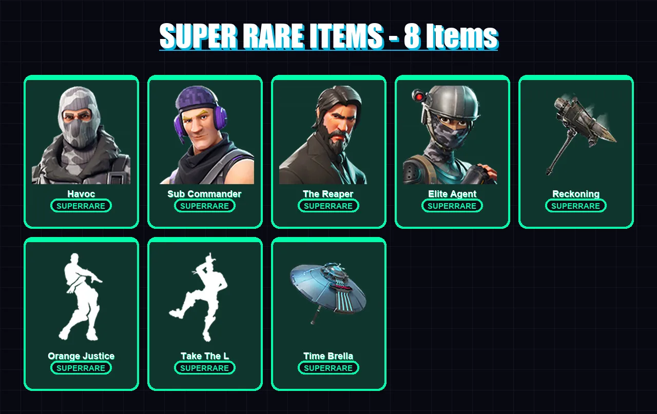 [PC/XBOX/PSN] | Havoc | Sub Commander | The Reaper | Elite Agent | Calamity | 74 skin | 82 pickaxe | 79 emote | 82 glider | Lv1133