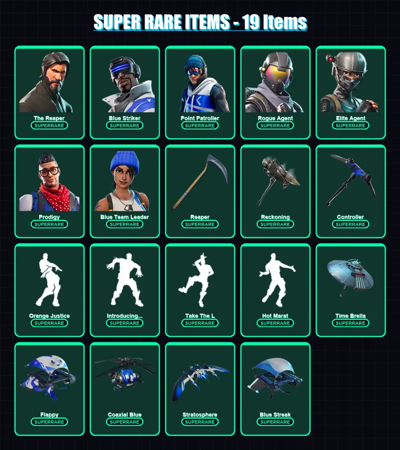[PS4/PS5/XBOX/PC] | The Reaper | Blue Striker | Point Patroller | Rogue Agent | Elite Agent | 53 skin | 54 pickaxe | 55 emote | 56 glider | Lv771