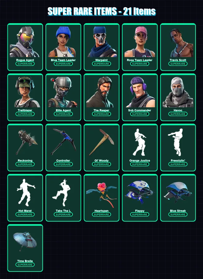 [PC/XBOX] | Rogue Agent | Blue Team Leader | Warpaint | Rose Team Leader | Travis Scott | 129 skin | 99 pickaxe | 108 emote | 107 glider | Lv1151