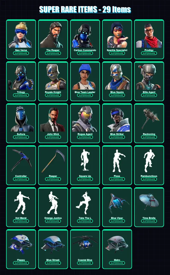 [PS4/PS5/XBOX/PC] | Neo Versa | The Reaper | Carbon Commando | Sparkle Specialist | Prodigy | 309 skin | 195 pickaxe | 186 emote | 138 glider | Lv15
